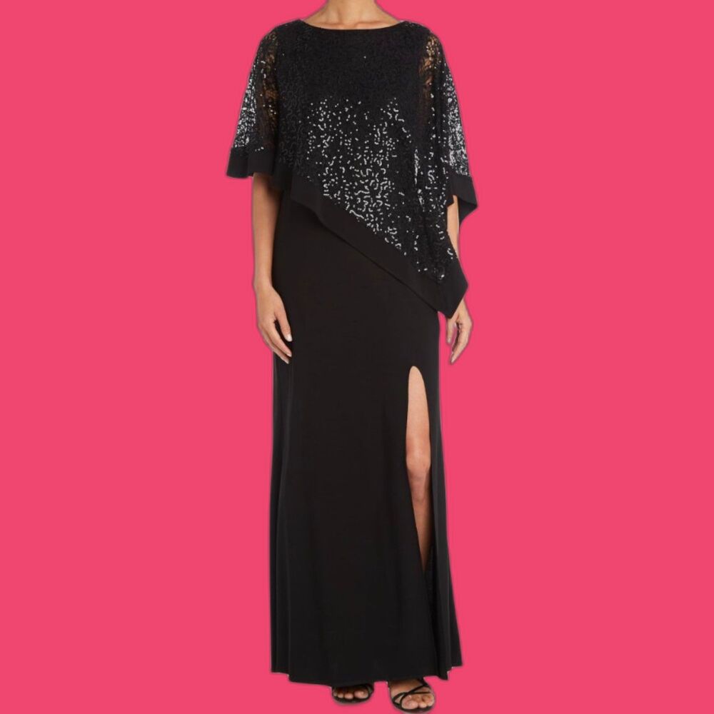 R&M Richards Sequin Lace Poncho Overlay Sheath Dress Size 12 #8899 Cocktail NWT